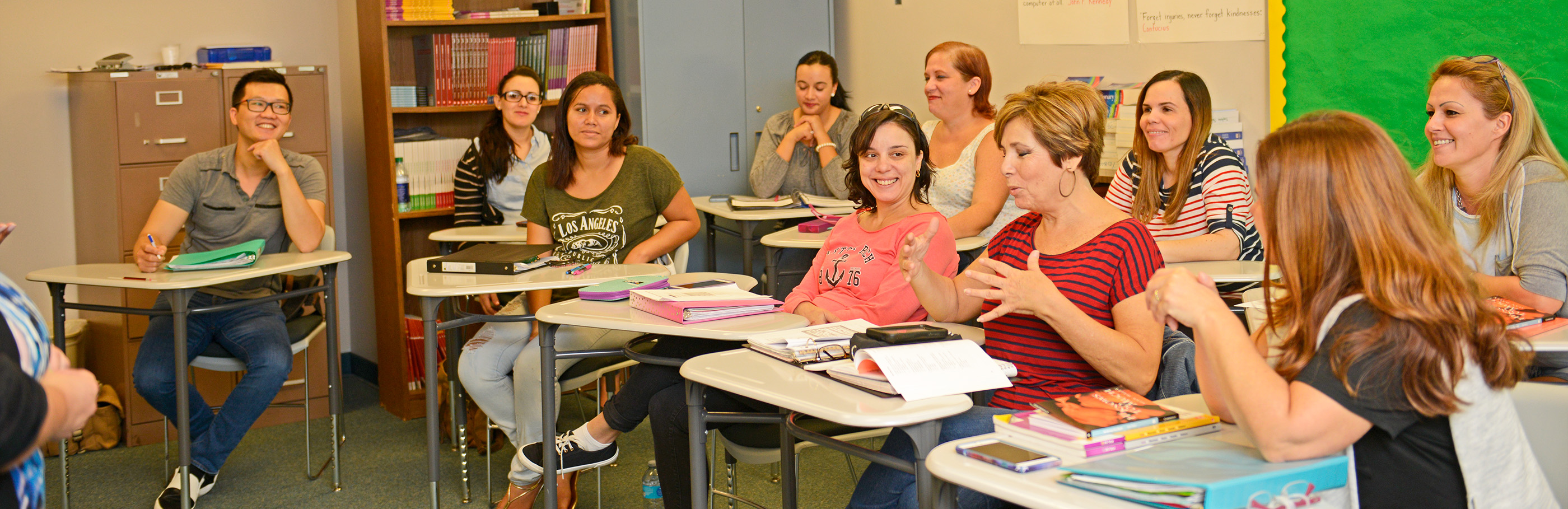 Students talking in class.