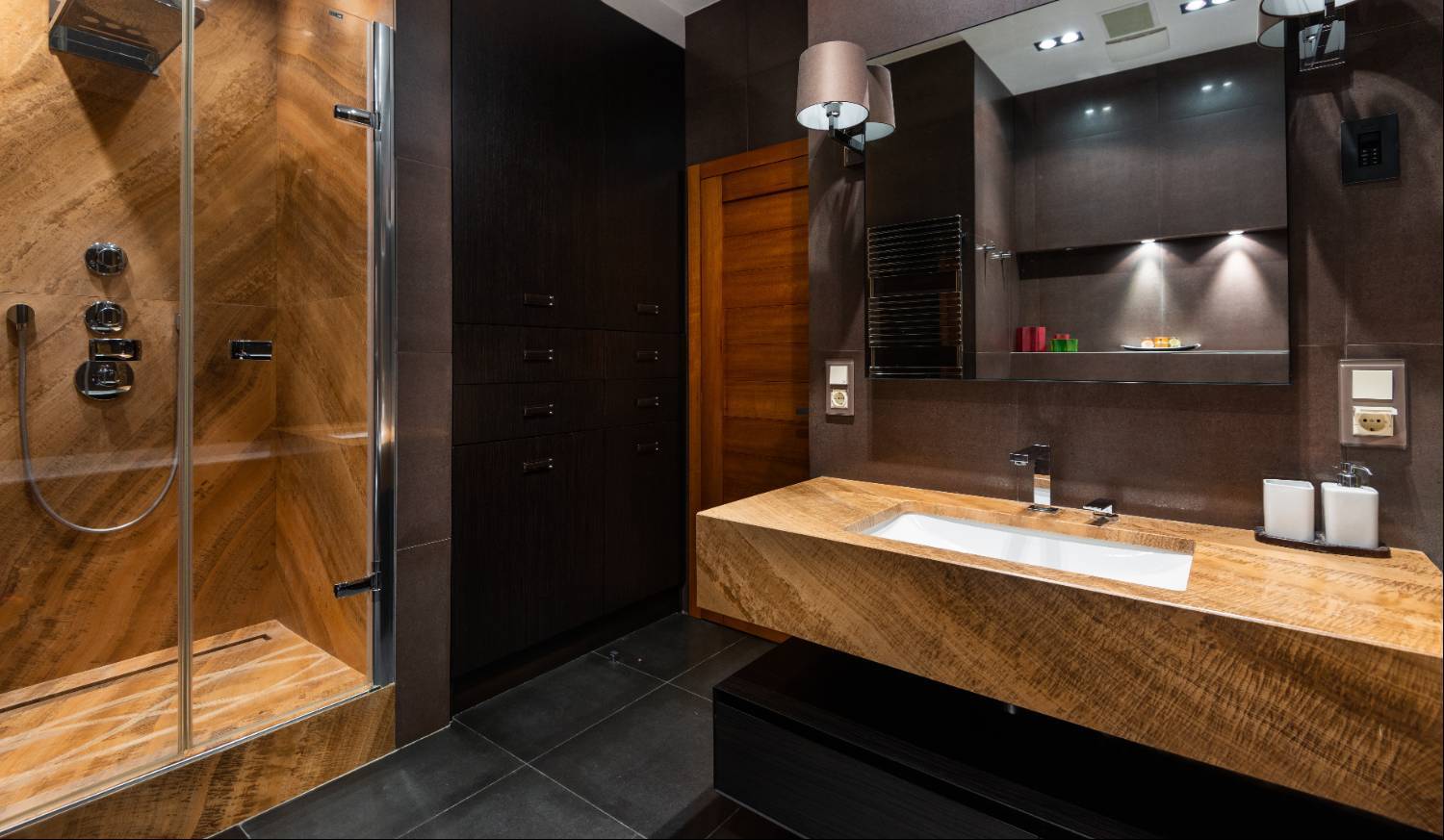 modern gray and wood bathroom