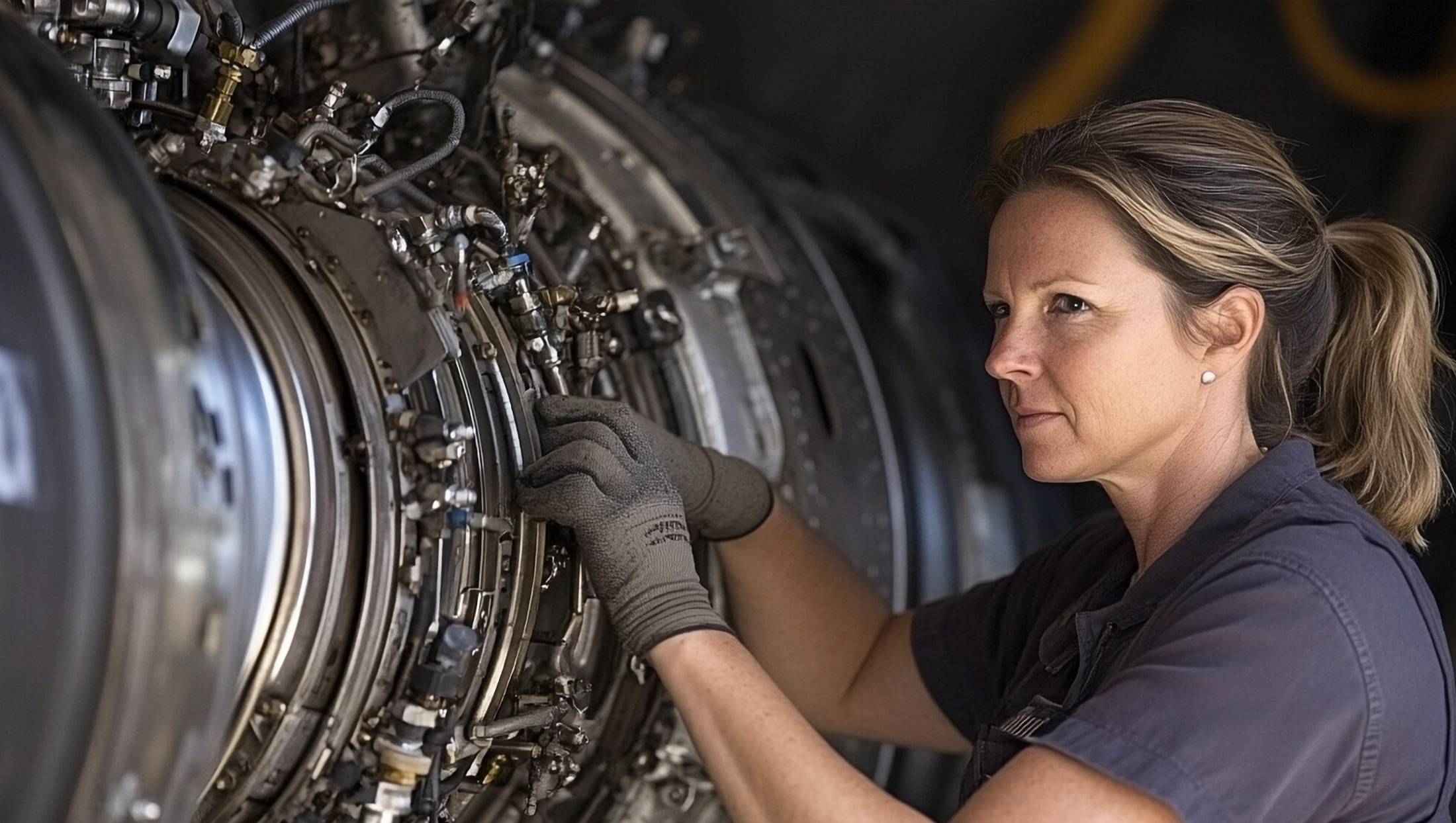 Female aviation maintenance technician working on an engine.
