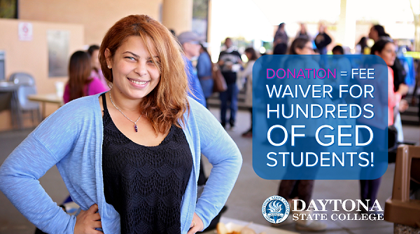 image of female hispanic student in the foreground with text "donation = fee waiver for hundreds of GED students"