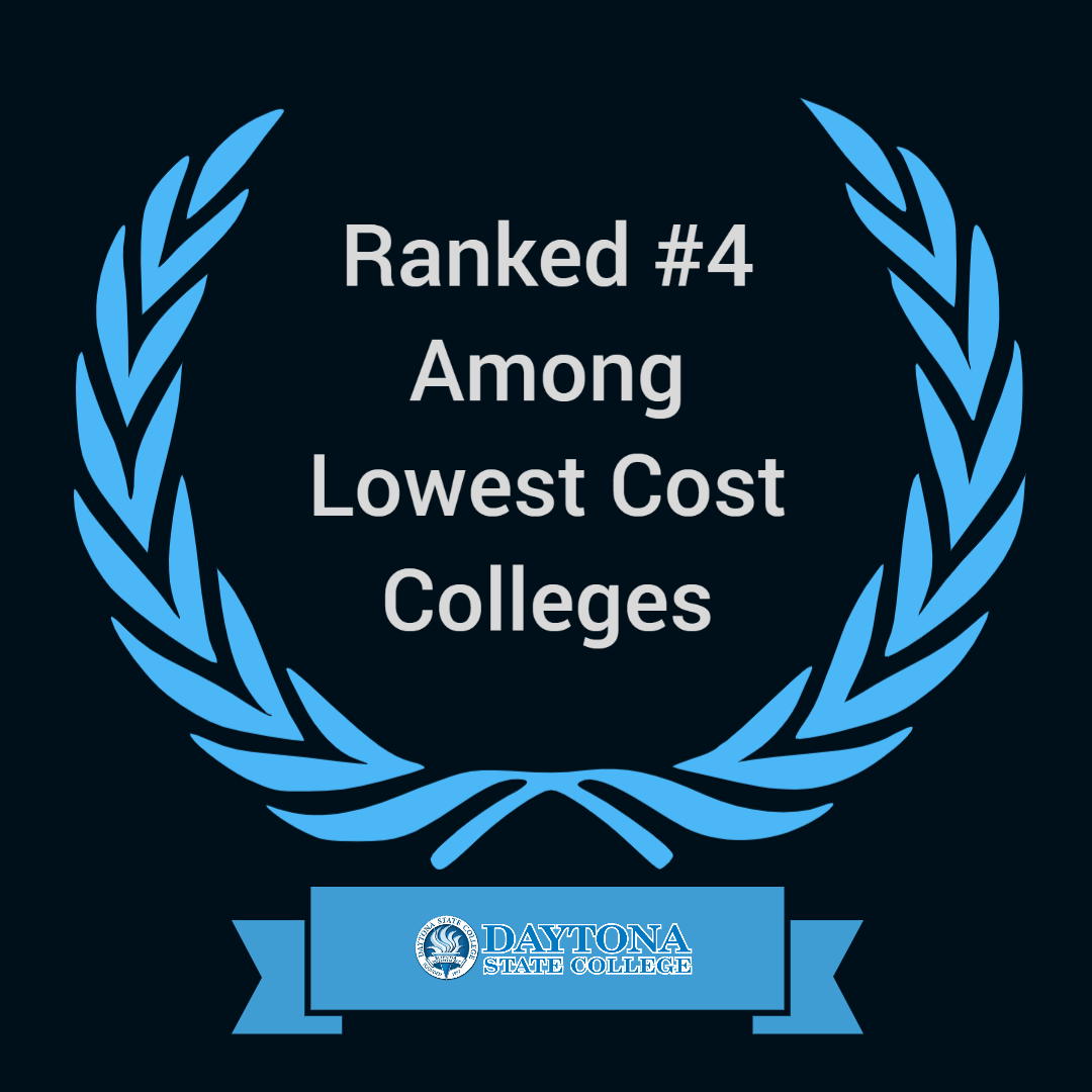 image showing text Ranked #4 Among Lowest Cost Colleges, blue on black background with blue laurel weath and blue ribbon