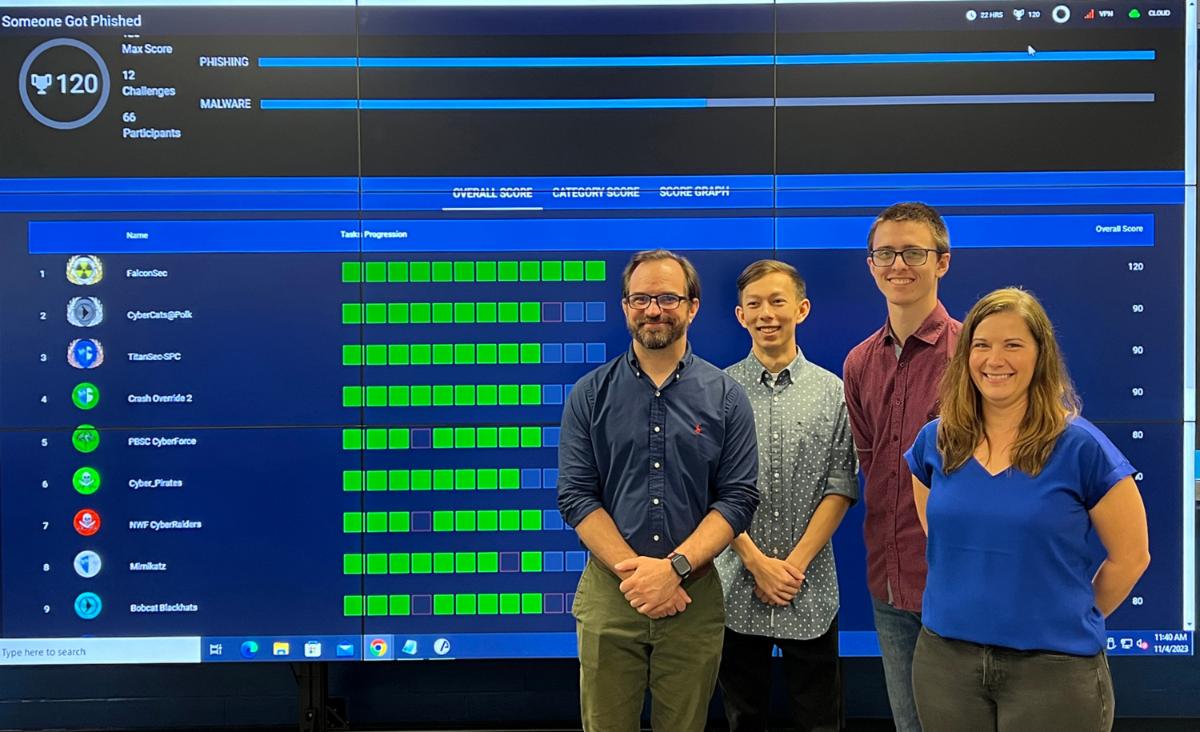 DSC FalconSec team members Brian McGrath, Caleb Pintello, Craig Sava and Jess Harness took first place in a statewide cybersecurity competition, besting 18 teams and setting a new record by completing the challenges in record time with a perfect score.