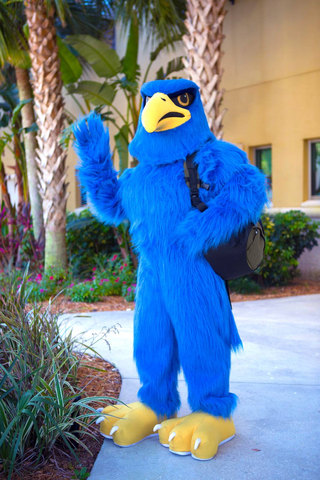 Freddie Falcon with hand raised wearing a backpack