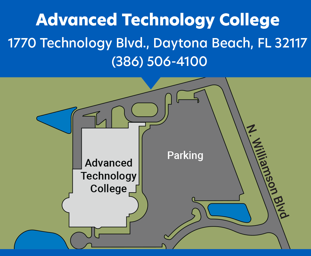 Advanced Technology College campus map; 1770 Technology Blvd. Daytona Beach, FL 32117 (386) 506-4100; graphic of ATC building and parking lot located off North Williamson Blvd.